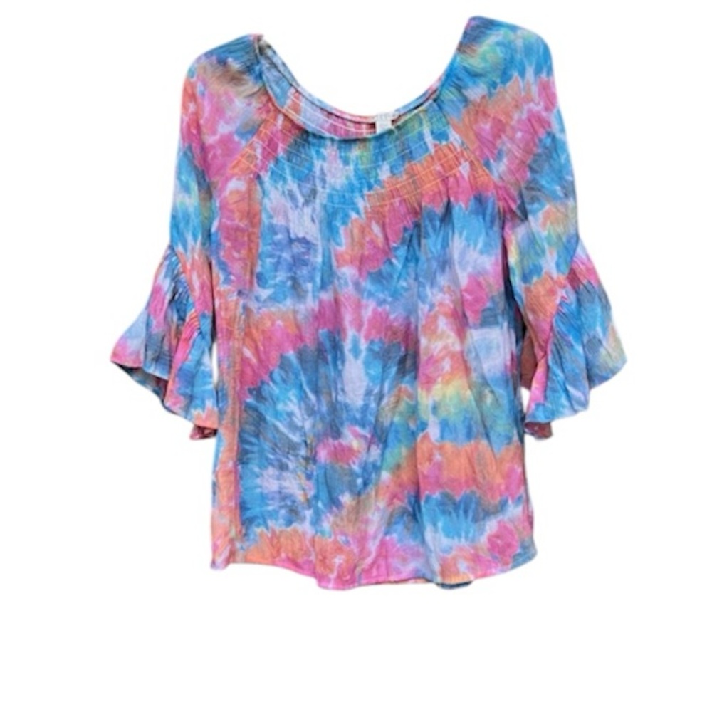 Spense Ruffled Bell 3/4 Sleeve Top Women’s Boho Blues/Pinks/White